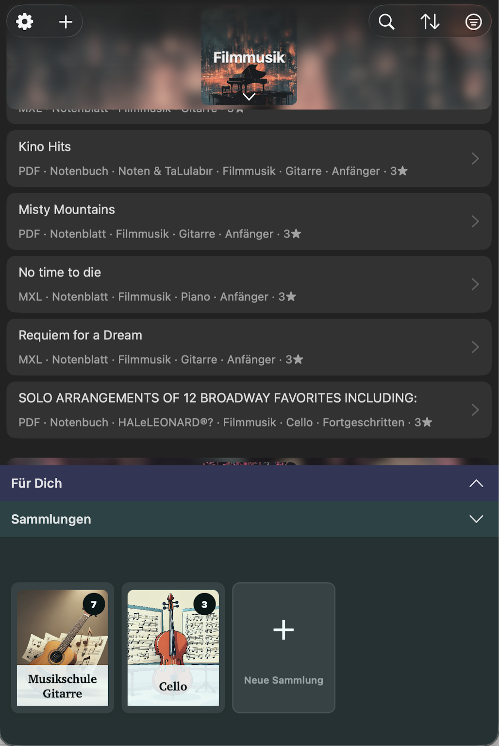 NovaNota library — list view with PDF and MXL